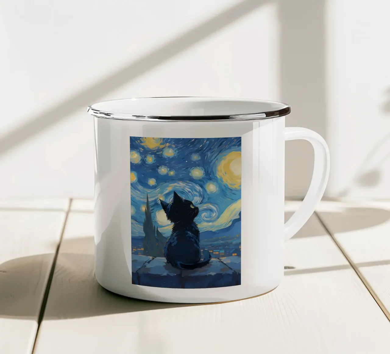gatto cielo stellato cielo notturno stelle tazza in smalto da Paul Vasquez