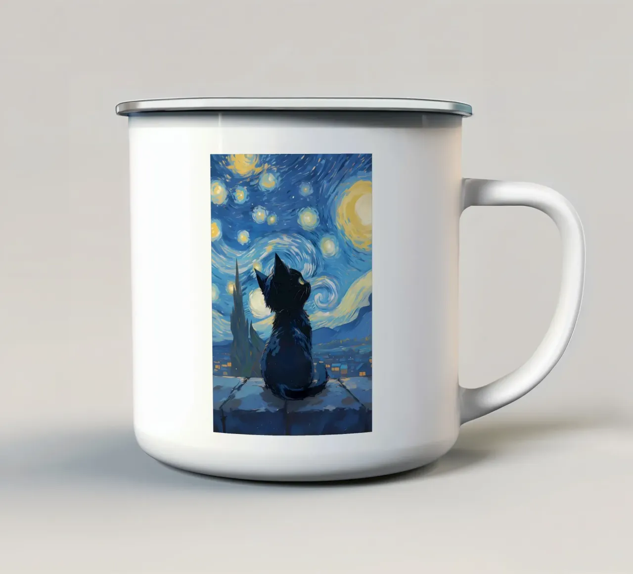gatto cielo stellato cielo notturno stelle tazza in smalto da Paul Vasquez