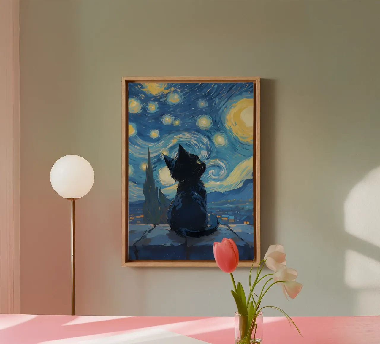 Katze Sternenhimmel Nachthimmel Sterne Leinwand mit Schattenfugenrahmen von Paul Vasquez