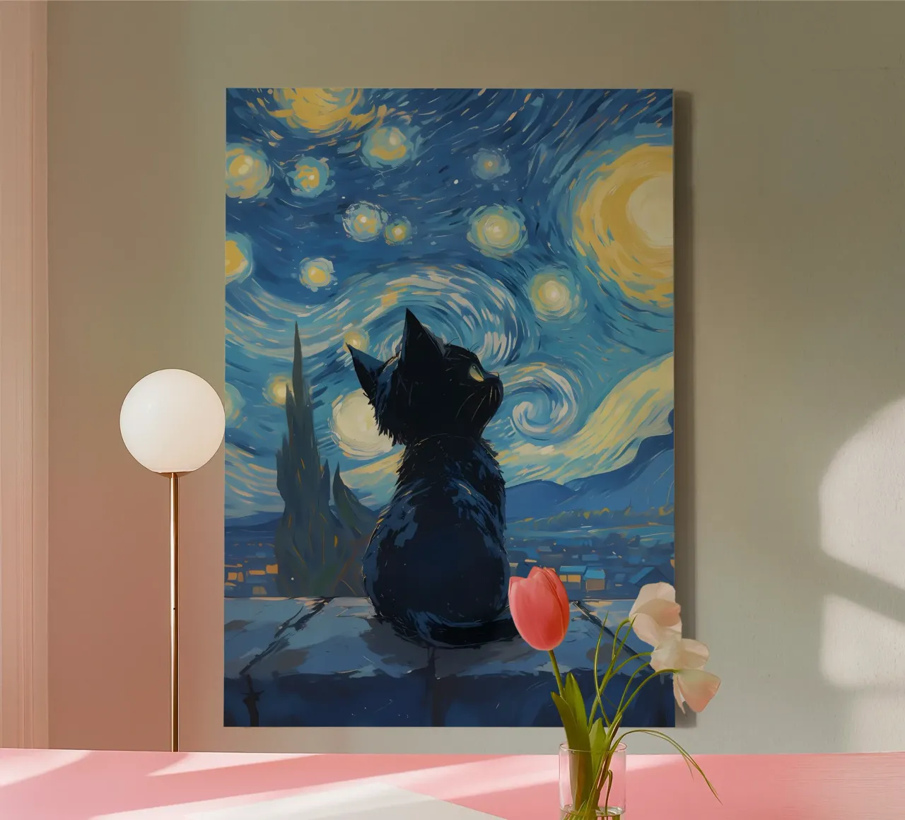 Katze Sternenhimmel Nachthimmel Sterne Leinwand mit Schattenfugenrahmen von Paul Vasquez