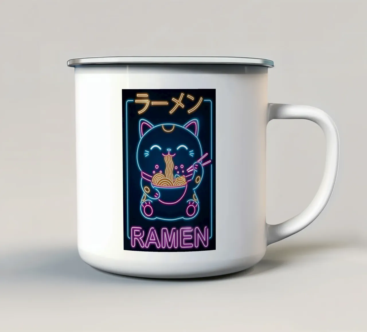 ciotola con bacchette per ramen al neon Lucky Cat tazza in smalto da Paul Vasquez