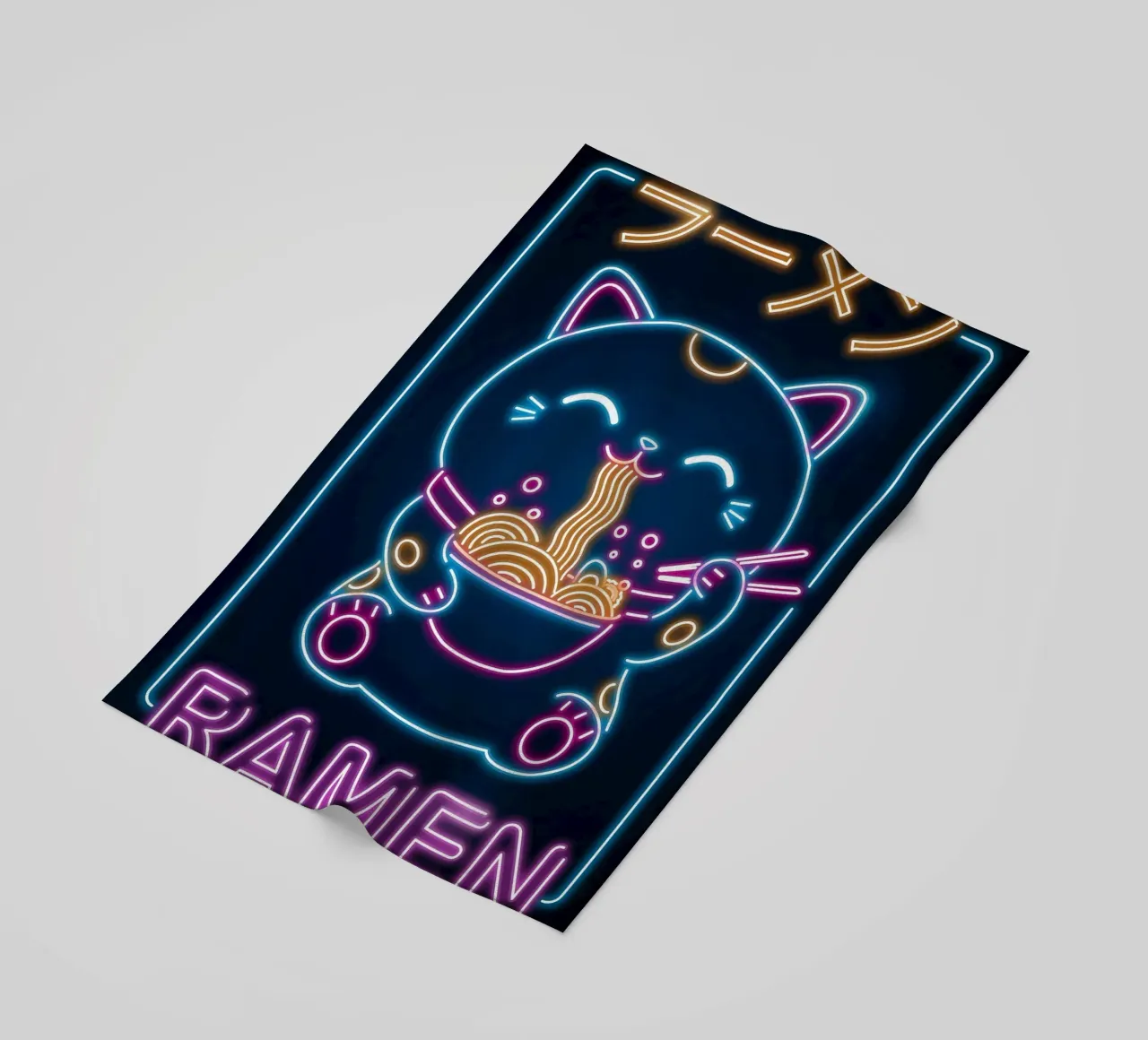 ciotola con bacchette per ramen al neon Lucky Cat telo mare da Paul Vasquez