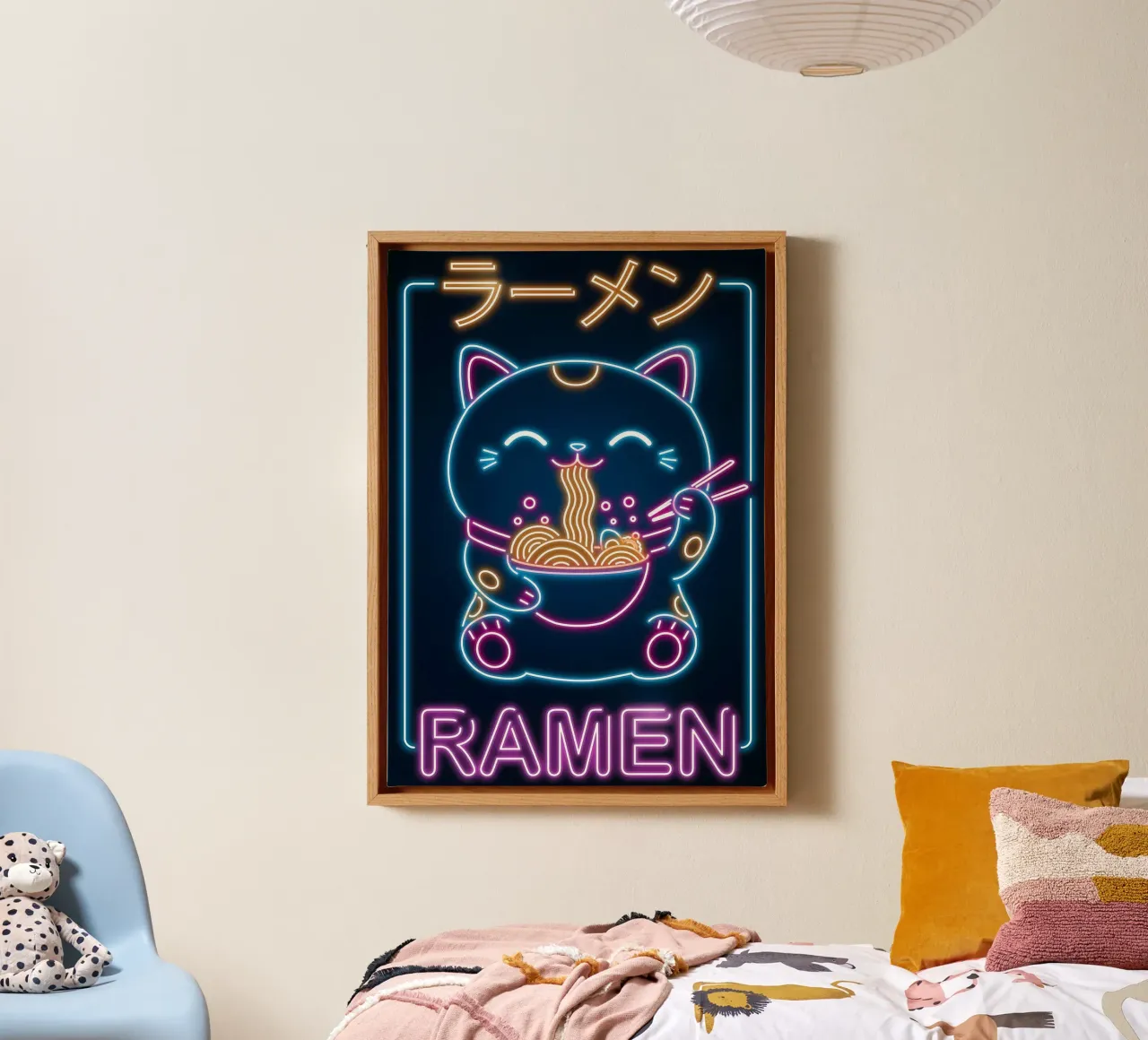ciotola con bacchette per ramen al neon Lucky Cat tela con Cornice a cassetta da Paul Vasquez