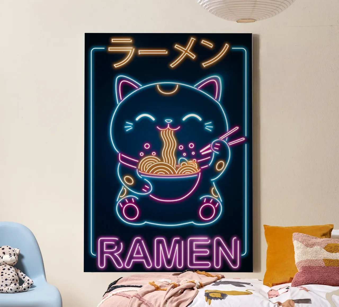 ciotola con bacchette per ramen al neon Lucky Cat tela con Cornice a cassetta da Paul Vasquez