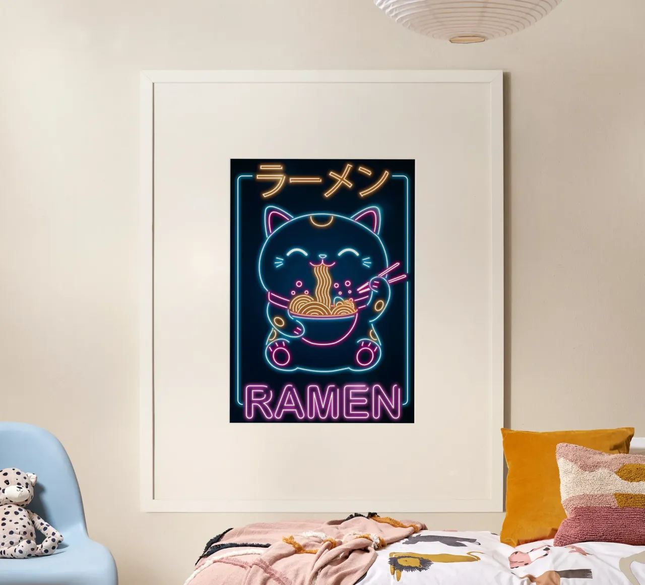 ciotola con bacchette per ramen al neon Lucky Cat carta hahnemühle da Paul Vasquez