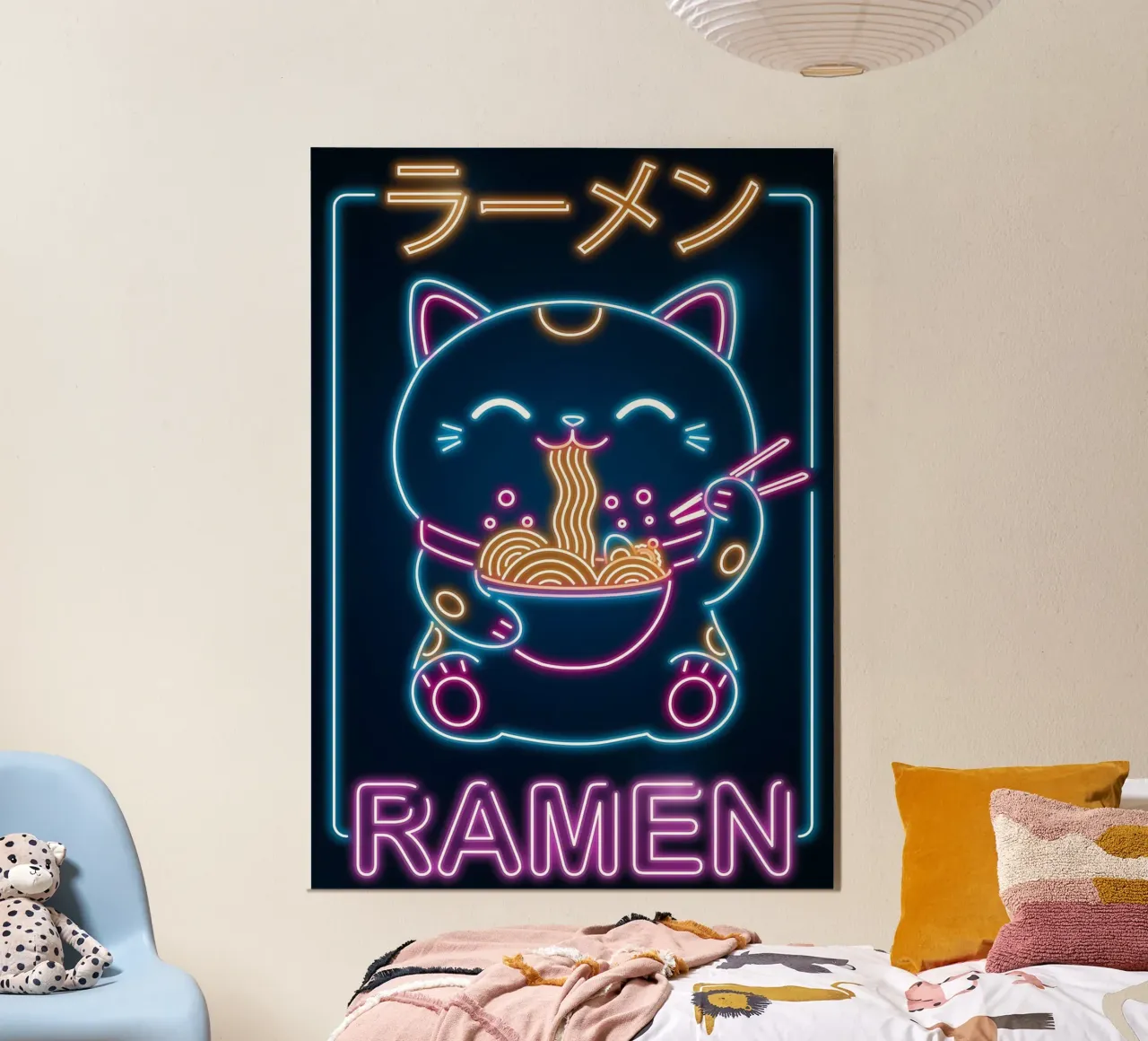 ciotola con bacchette per ramen al neon Lucky Cat carta hahnemühle da Paul Vasquez
