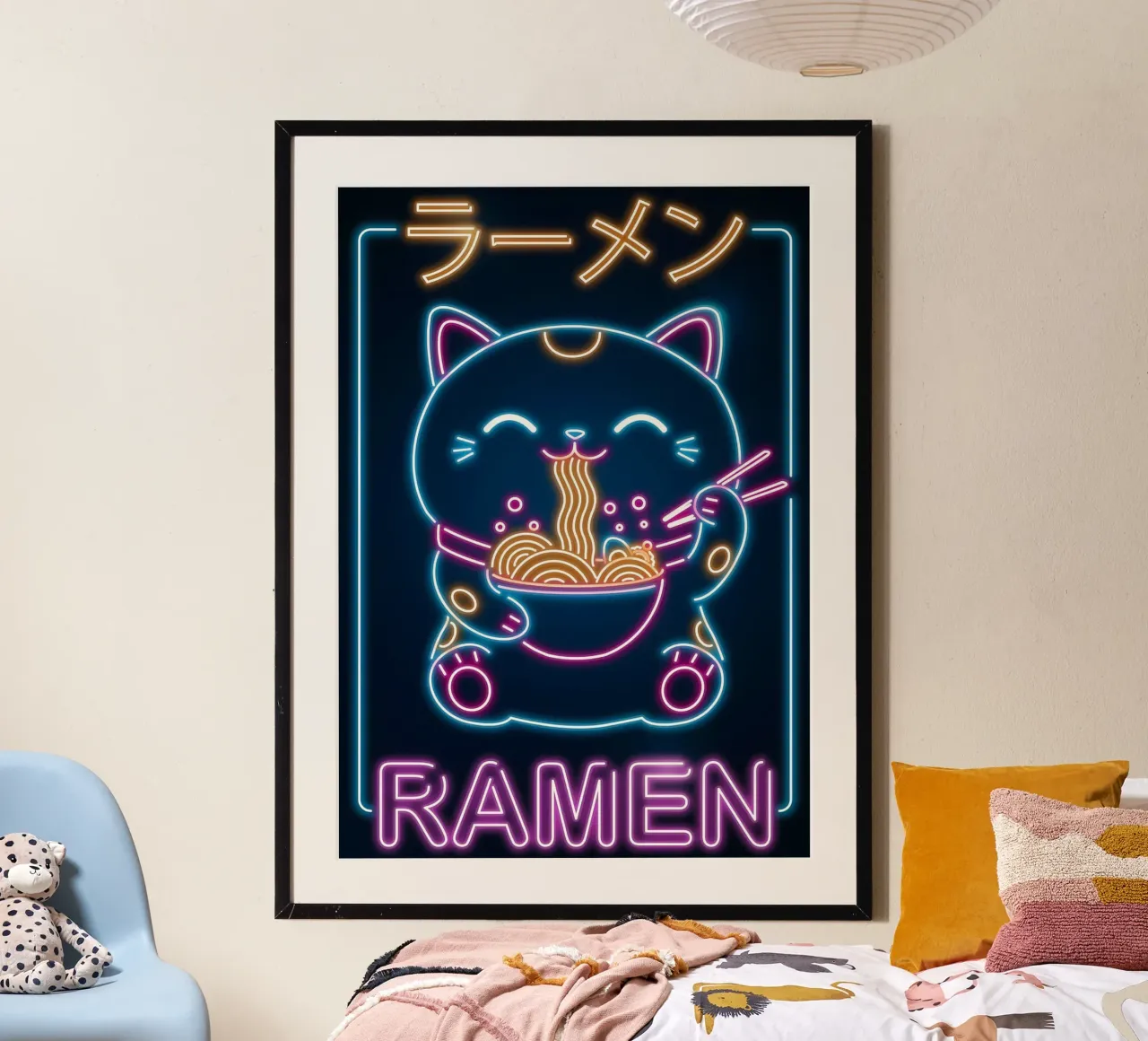 ciotola con bacchette per ramen al neon Lucky Cat carta hahnemühle da Paul Vasquez
