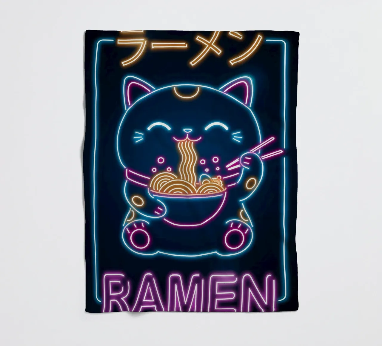 neon ramen lucky cat chopsticks bowl fleece blanket by Paul Vasquez