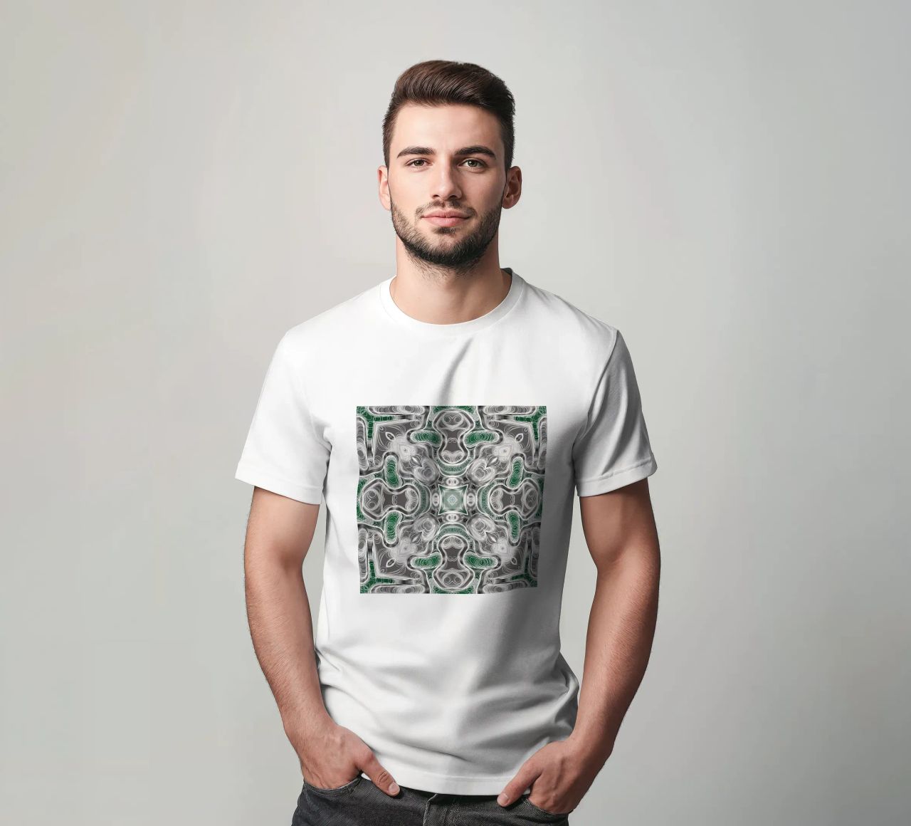 Caleidoscopio in grigio/verde con linee e forme complesse t-shirt da Gürsel Yesil Digital Art