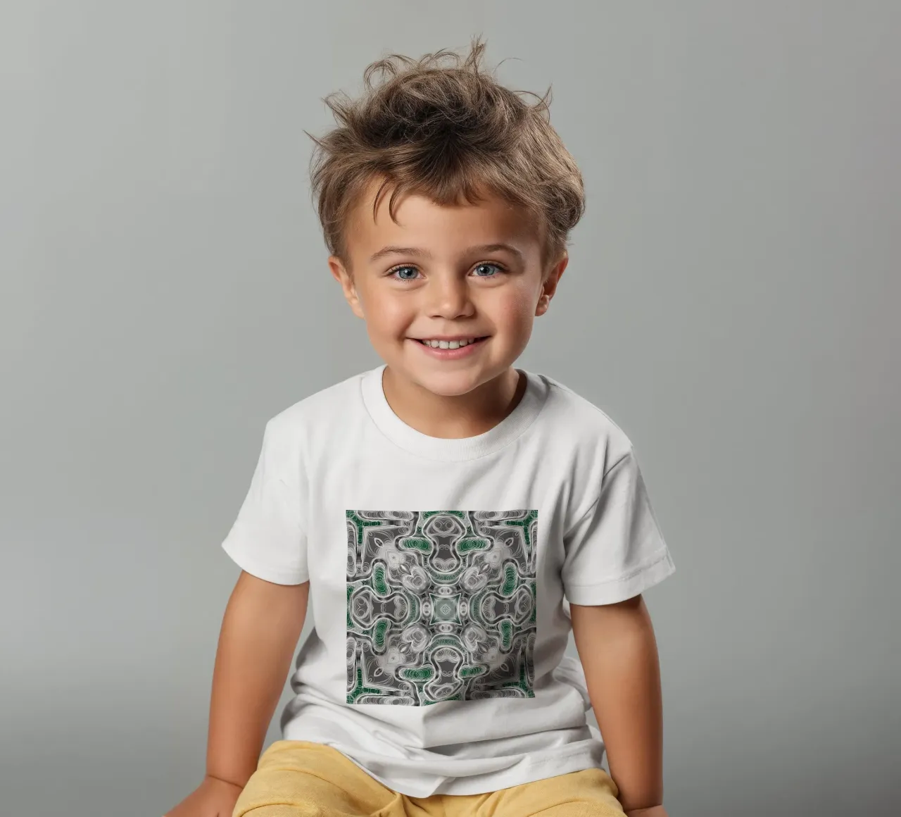 Caleidoscopio in grigio/verde con linee e forme complesse t-shirt bambini da Gürsel Yesil Digital Art