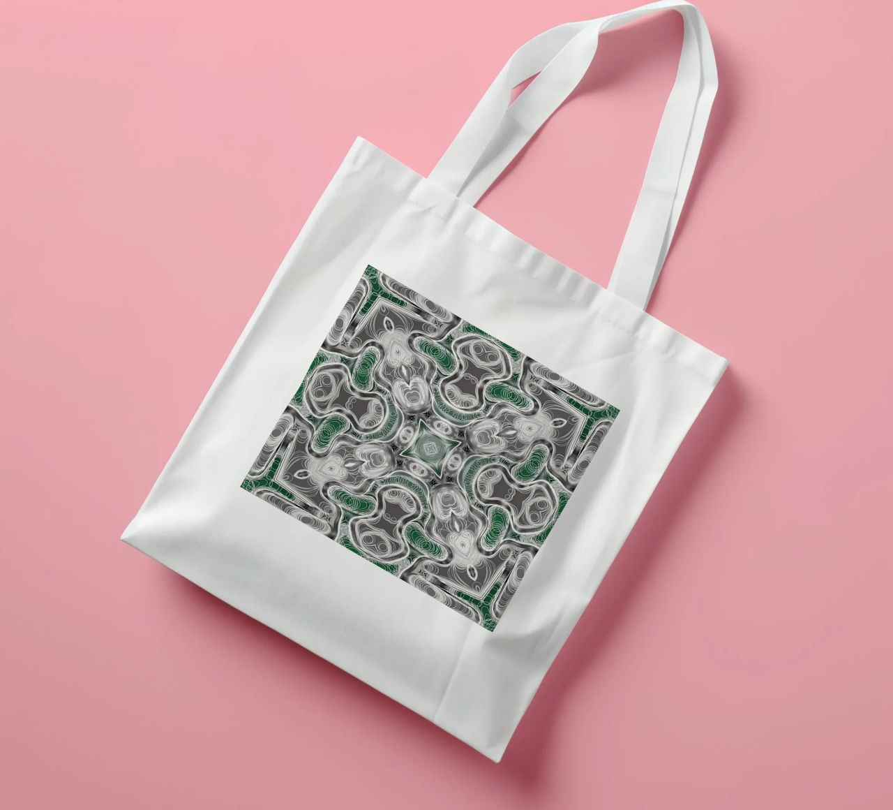 Caleidoscopio in grigio/verde con linee e forme complesse borsa in juta da Gürsel Yesil Digital Art