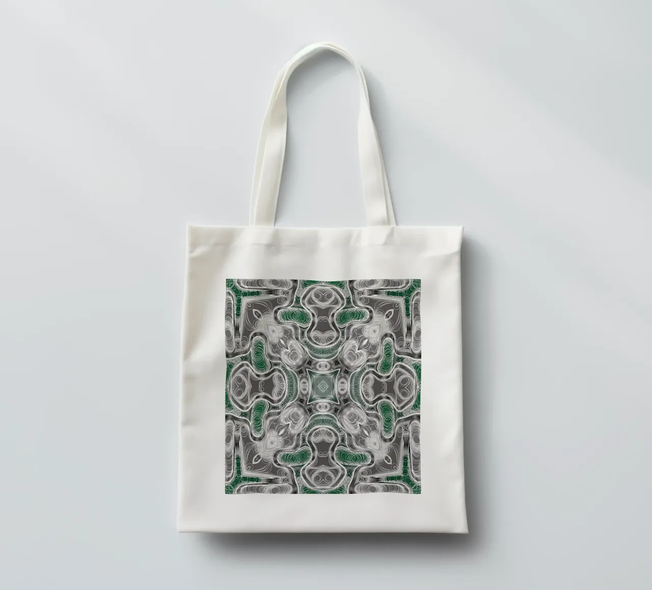 Caleidoscopio in grigio/verde con linee e forme complesse borsa in juta da Gürsel Yesil Digital Art
