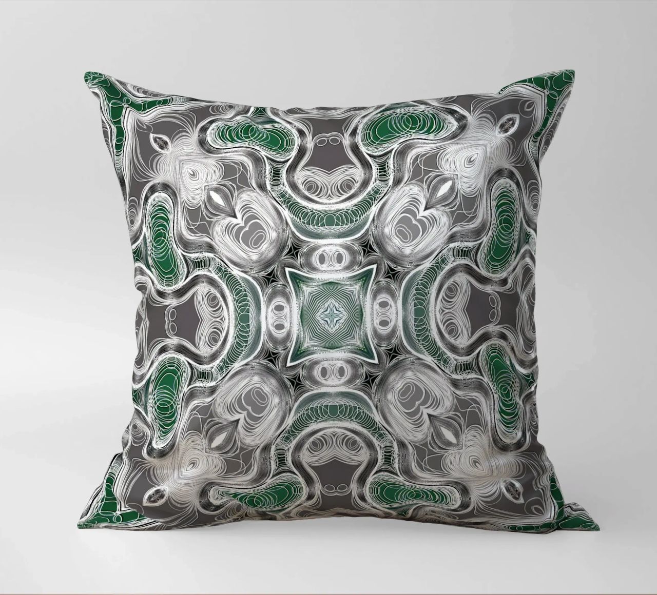 Caleidoscopio in grigio/verde con linee e forme complesse cuscino da Gürsel Yesil Digital Art