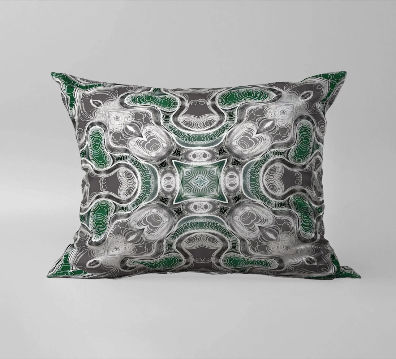 Caleidoscopio in grigio/verde con linee e forme complesse cuscino da Gürsel Yesil Digital Art