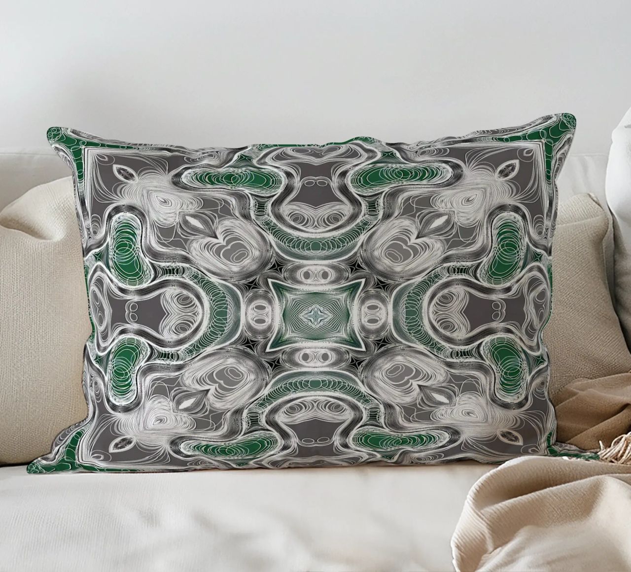 Caleidoscopio in grigio/verde con linee e forme complesse cuscino da Gürsel Yesil Digital Art
