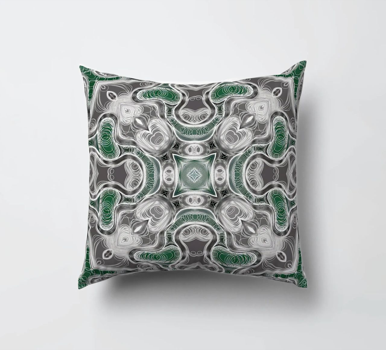 Caleidoscopio in grigio/verde con linee e forme complesse cuscino da Gürsel Yesil Digital Art