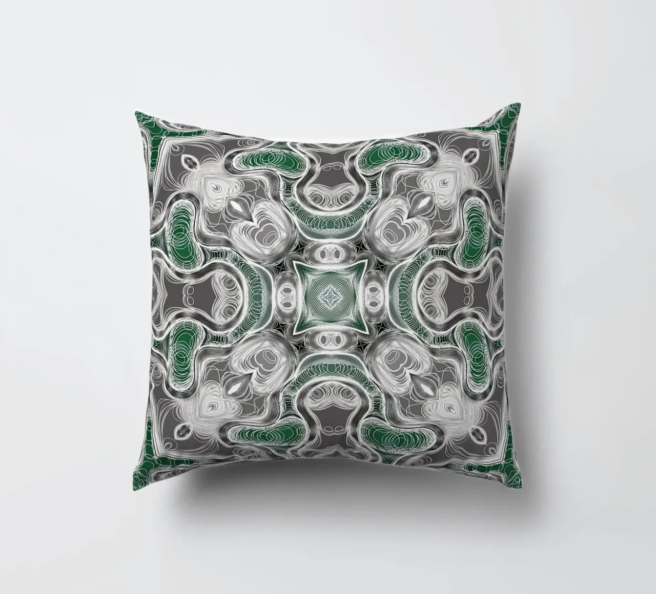 Kaléidoscope gris/vert avec des lignes et des formes complexes coussin de Gürsel Yesil Digital Art