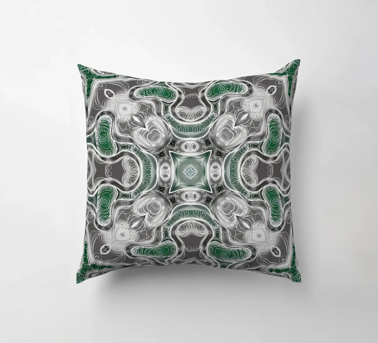 Kaléidoscope gris/vert avec des lignes et des formes complexes coussin de Gürsel Yesil Digital Art