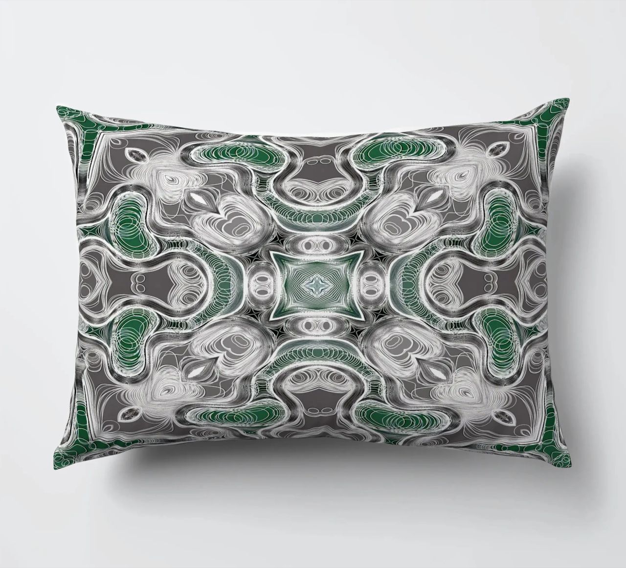 Caleidoscopio in grigio/verde con linee e forme complesse cuscino da Gürsel Yesil Digital Art