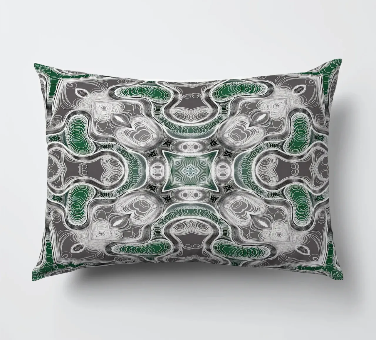 Kaléidoscope gris/vert avec des lignes et des formes complexes coussin de Gürsel Yesil Digital Art