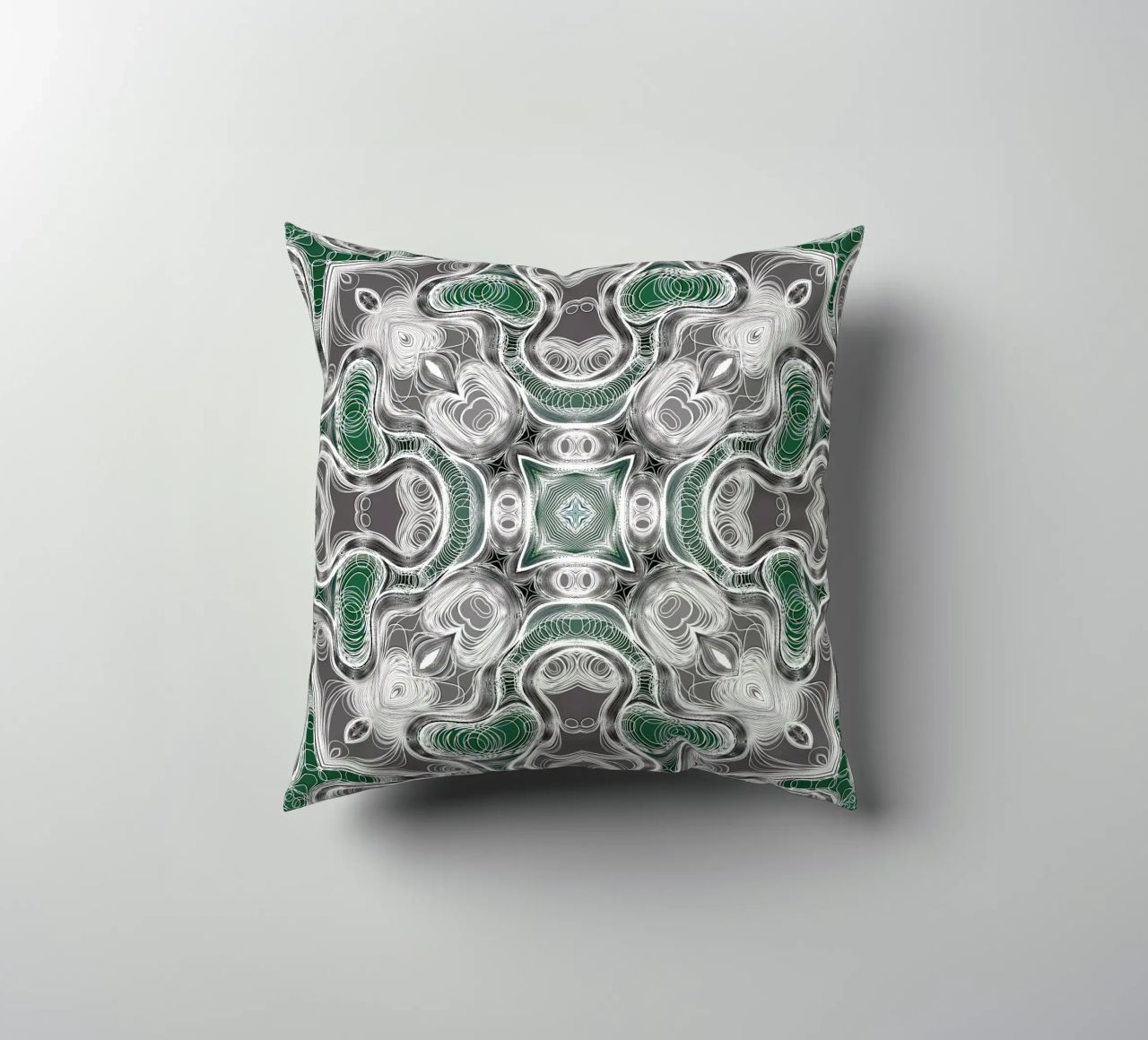 Caleidoscopio in grigio/verde con linee e forme complesse cuscino da Gürsel Yesil Digital Art