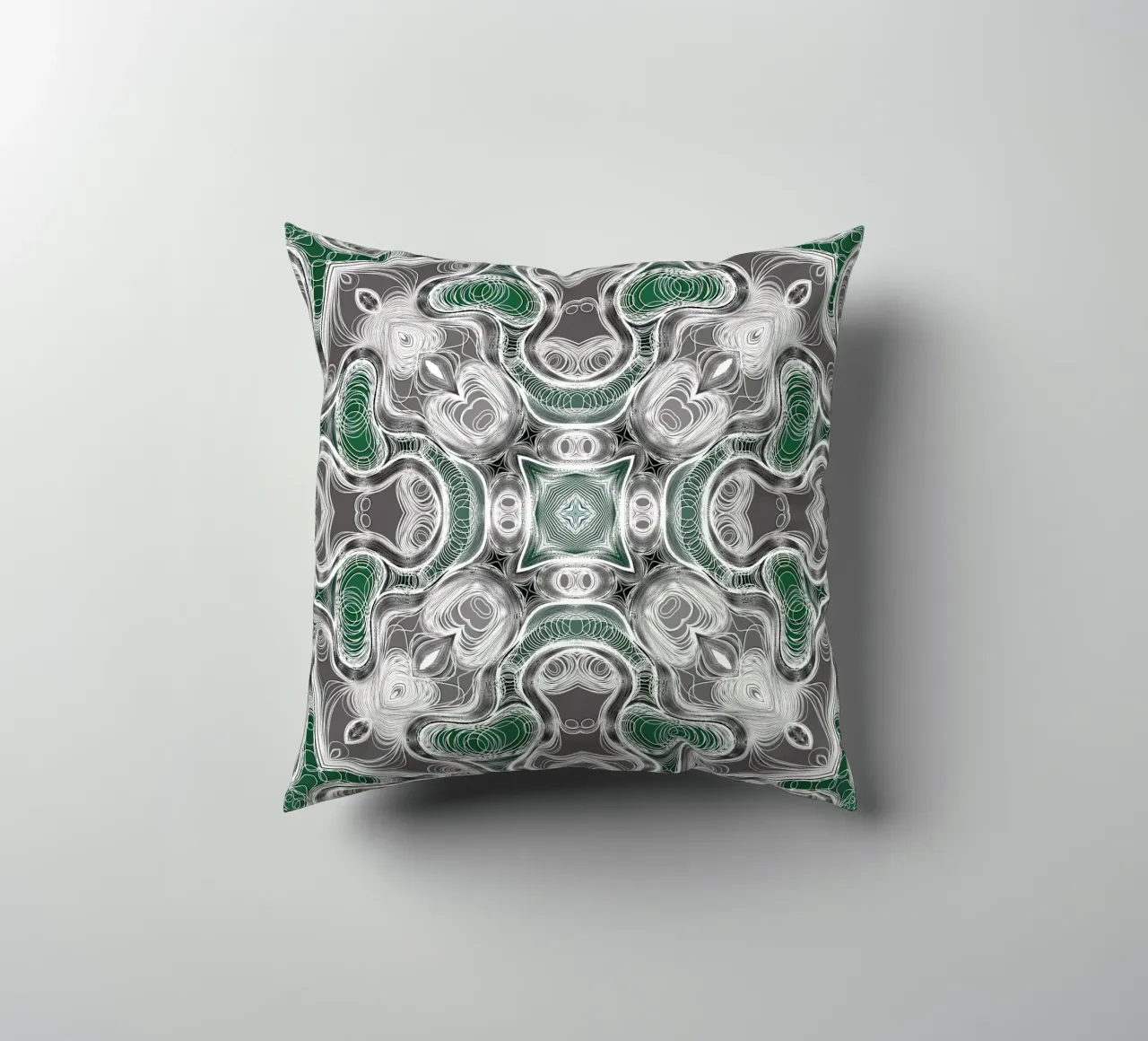 Kaléidoscope gris/vert avec des lignes et des formes complexes coussin de Gürsel Yesil Digital Art
