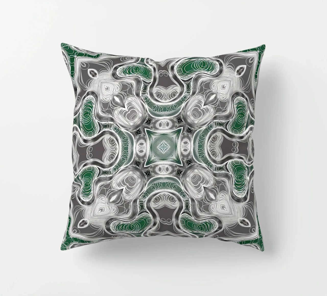 Caleidoscopio in grigio/verde con linee e forme complesse cuscino da Gürsel Yesil Digital Art
