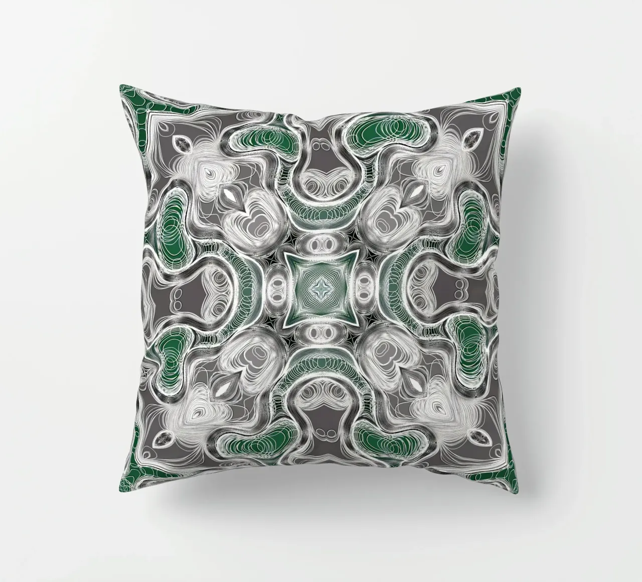 Kaléidoscope gris/vert avec des lignes et des formes complexes coussin de Gürsel Yesil Digital Art