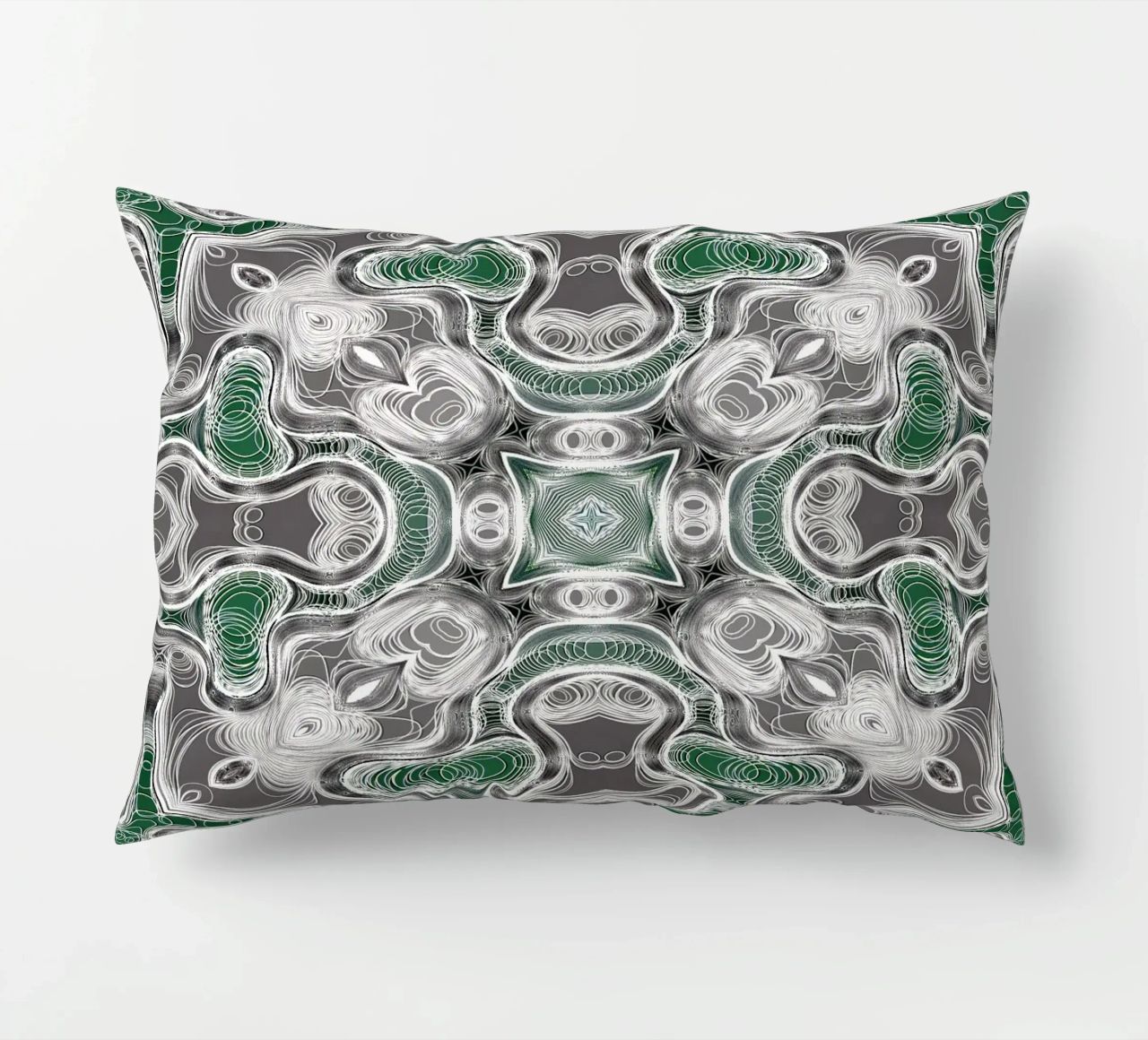 Caleidoscopio in grigio/verde con linee e forme complesse cuscino da Gürsel Yesil Digital Art