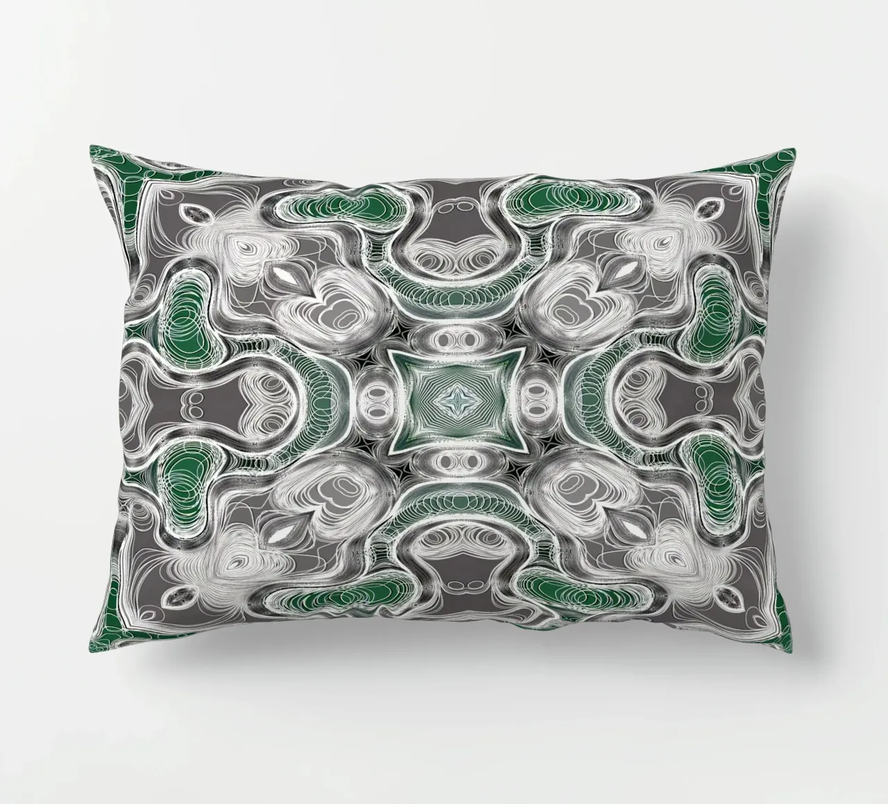 Kaléidoscope gris/vert avec des lignes et des formes complexes coussin de Gürsel Yesil Digital Art