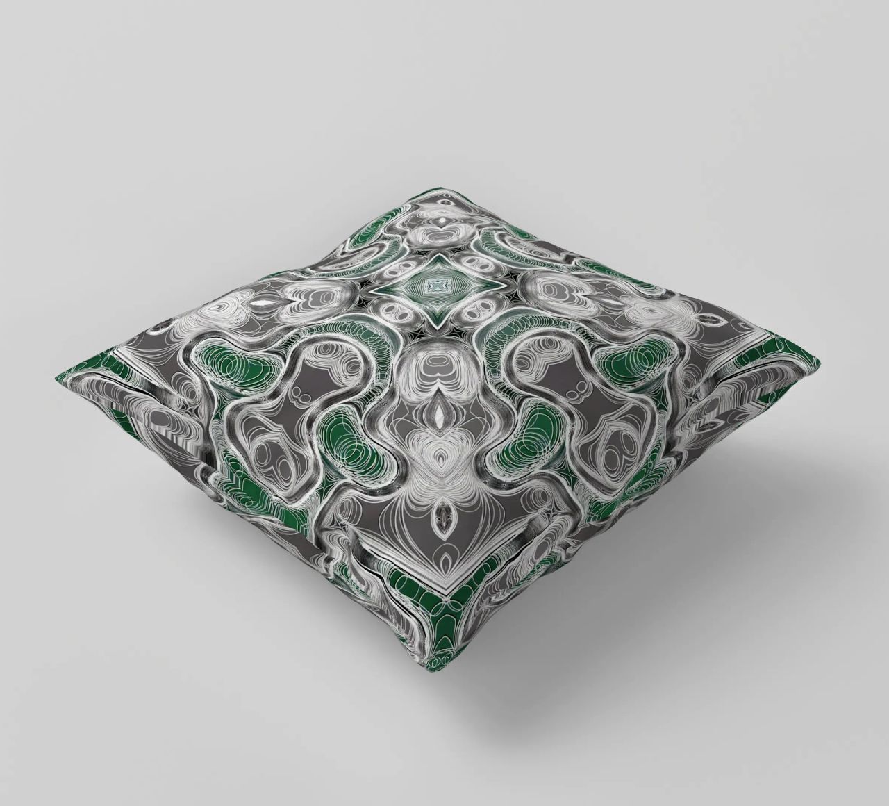 Caleidoscopio in grigio/verde con linee e forme complesse cuscino da Gürsel Yesil Digital Art