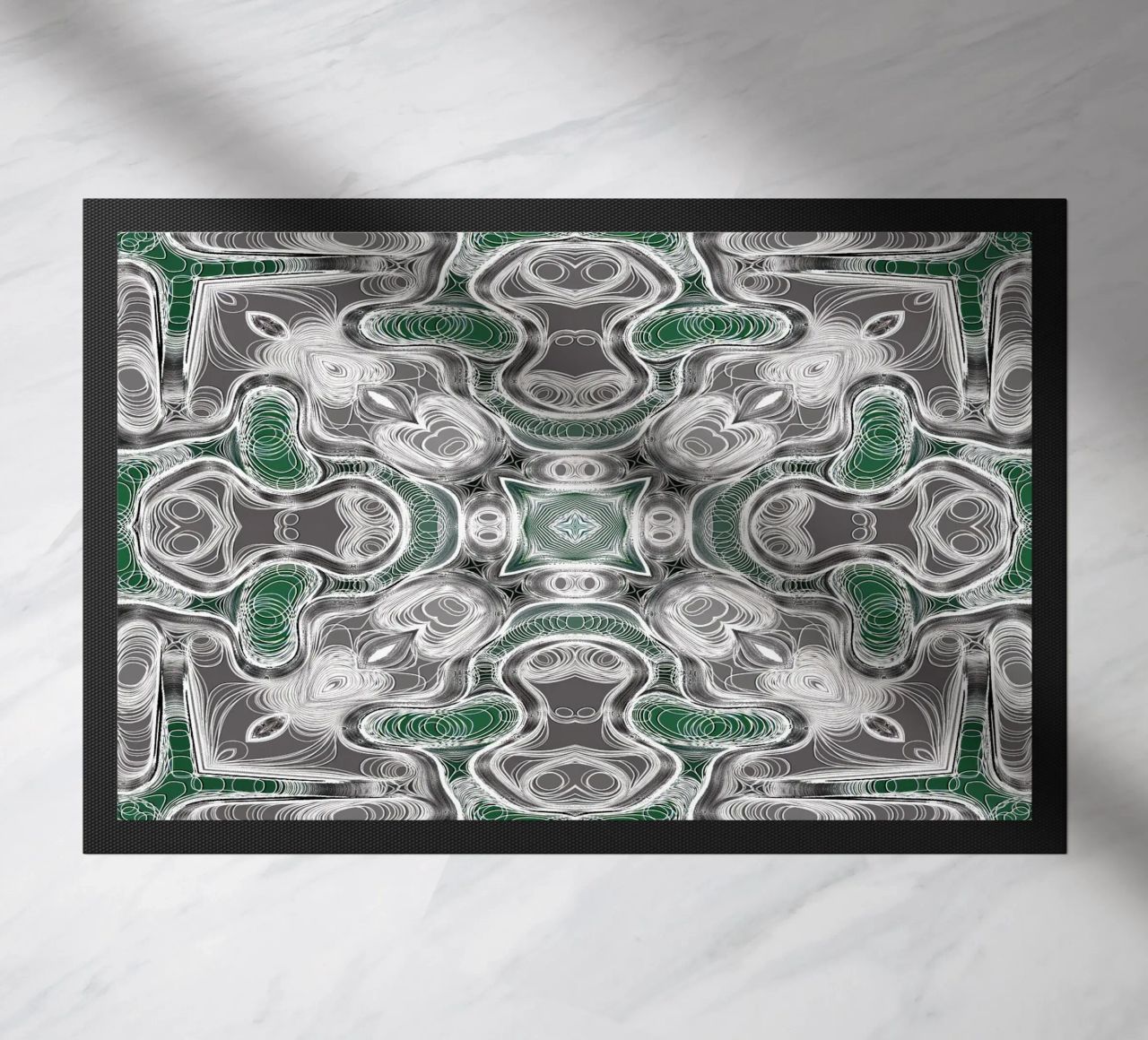 Caleidoscopio in grigio/verde con linee e forme complesse zerbino da Gürsel Yesil Digital Art