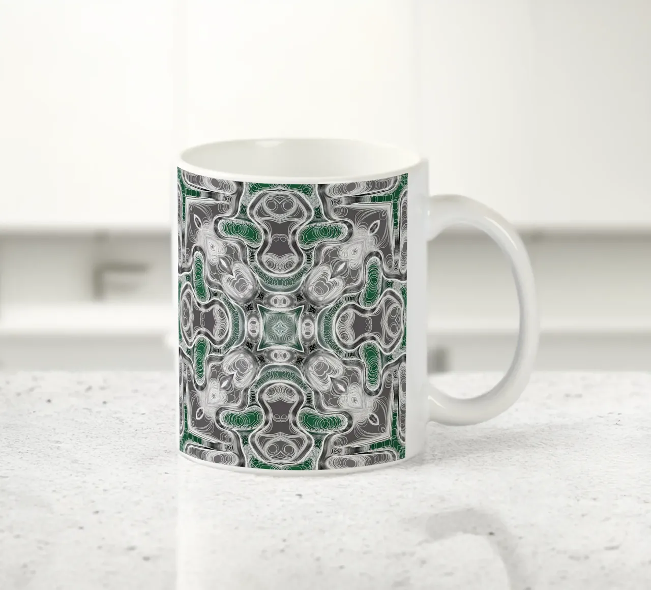 Kaleidoskop in grau/grün mit komplexen Linien und Formen Keramik Tasse von Gürsel Yesil Digital Art