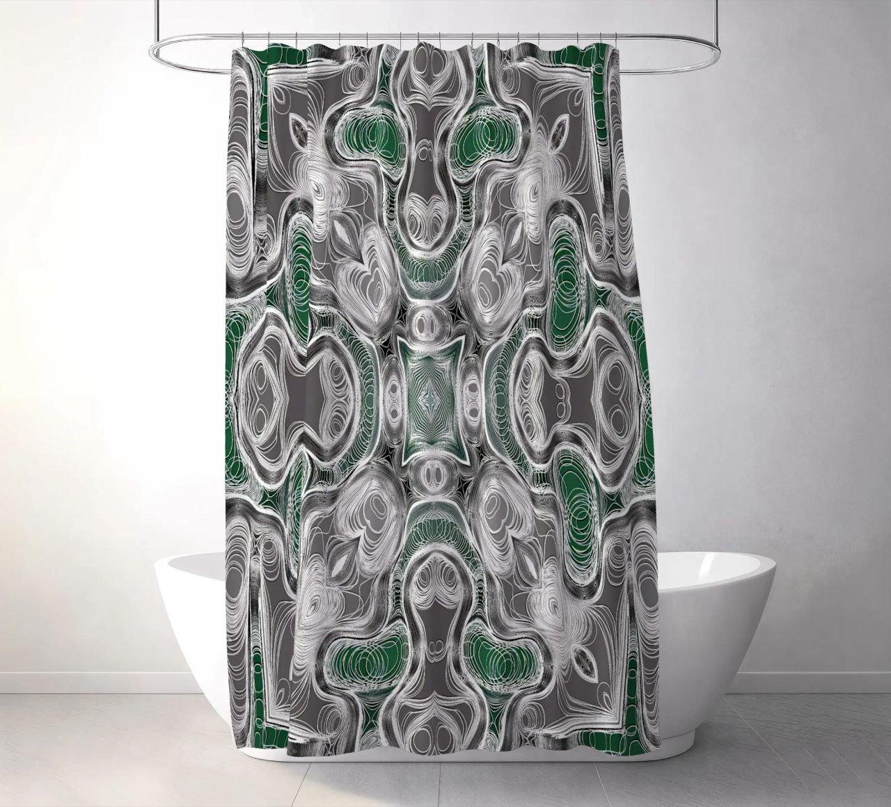 Caleidoscopio in grigio/verde con linee e forme complesse tenda da doccia da Gürsel Yesil Digital Art