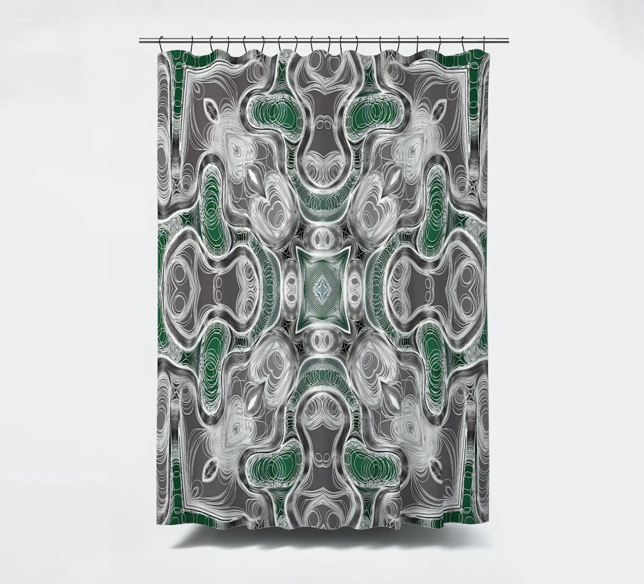 Caleidoscopio in grigio/verde con linee e forme complesse tenda da doccia da Gürsel Yesil Digital Art