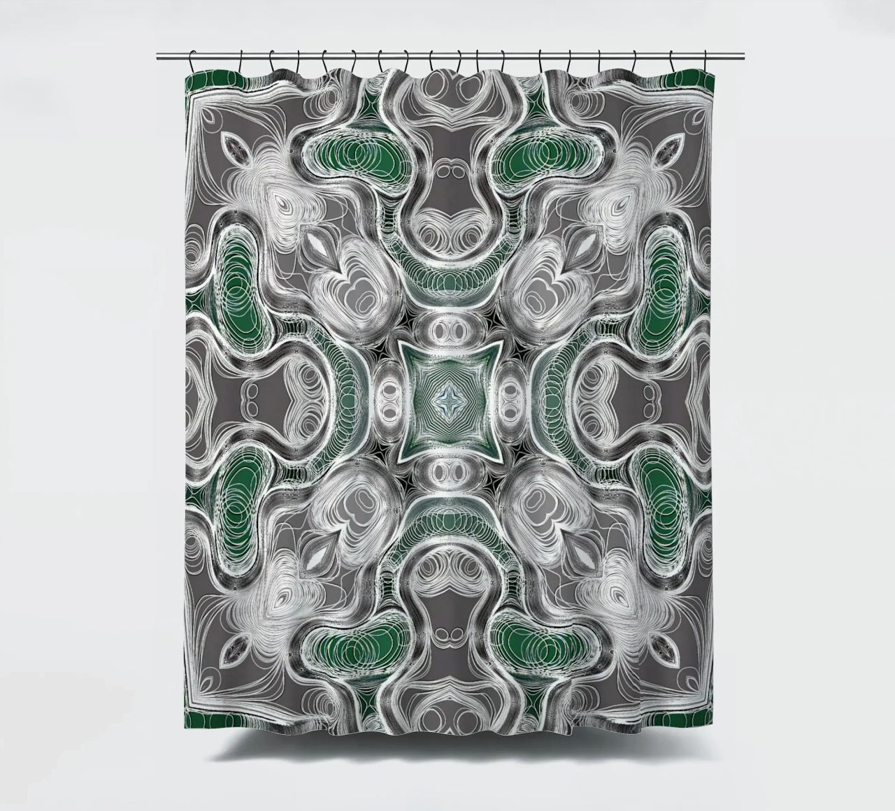 Caleidoscopio in grigio/verde con linee e forme complesse tenda da doccia da Gürsel Yesil Digital Art