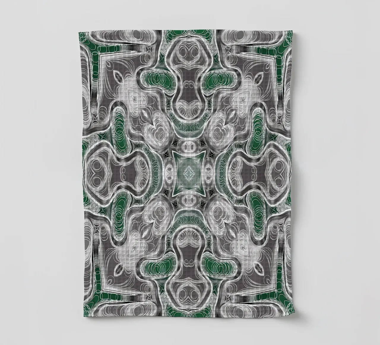 Kaleidoskop in grau/grün mit komplexen Linien und Formen Geschirrtuch von Gürsel Yesil Digital Art