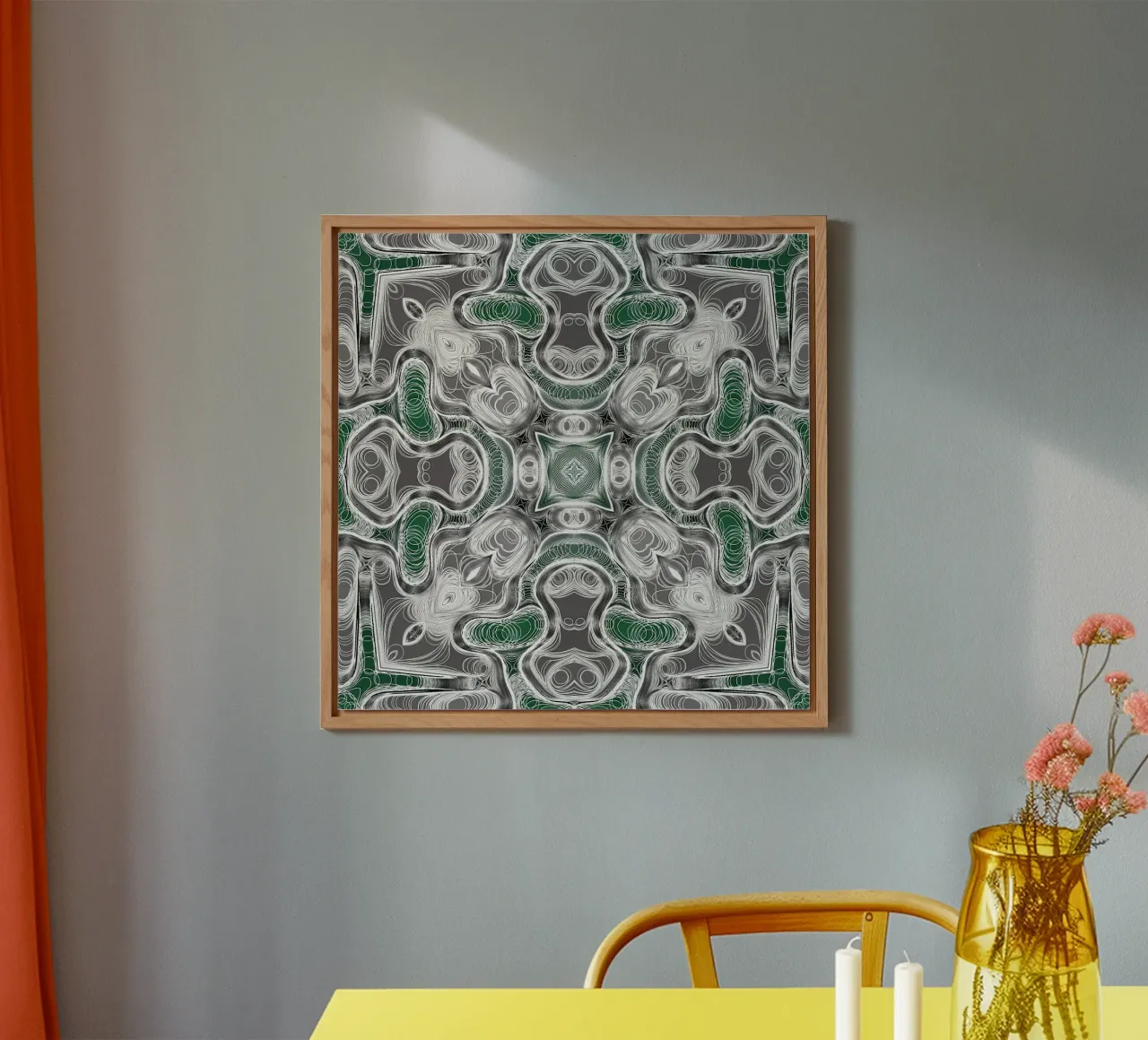 Kaleidoskop in grau/grün mit komplexen Linien und Formen Alu-Dibond von Gürsel Yesil Digital Art