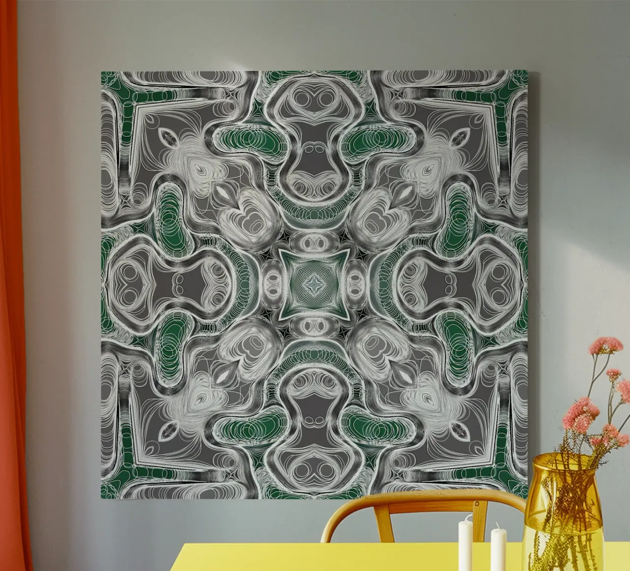 Kaleidoskop in grau/grün mit komplexen Linien und Formen Leinwand von Gürsel Yesil Digital Art