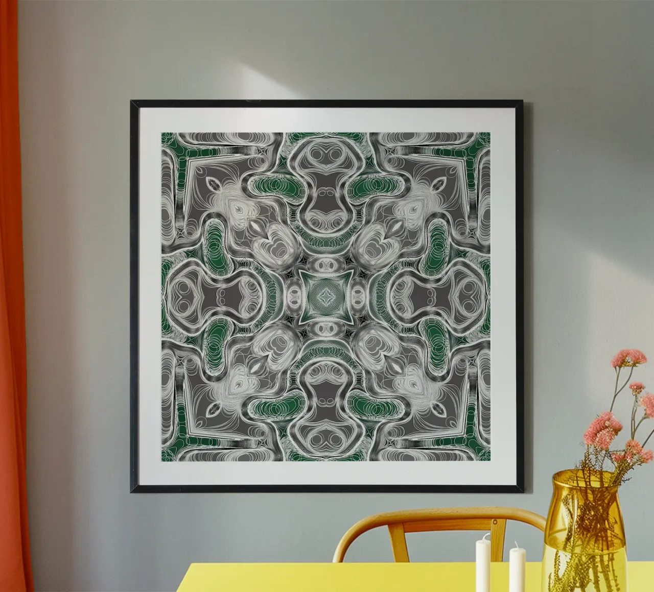 Caleidoscopio in grigio/verde con linee e forme complesse poster con telaio in plastica da Gürsel Yesil Digital Art