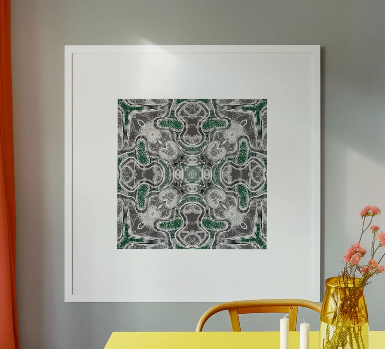 Kaleidoskop in grau/grün mit komplexen Linien und Formen Hahnemühle von Gürsel Yesil Digital Art