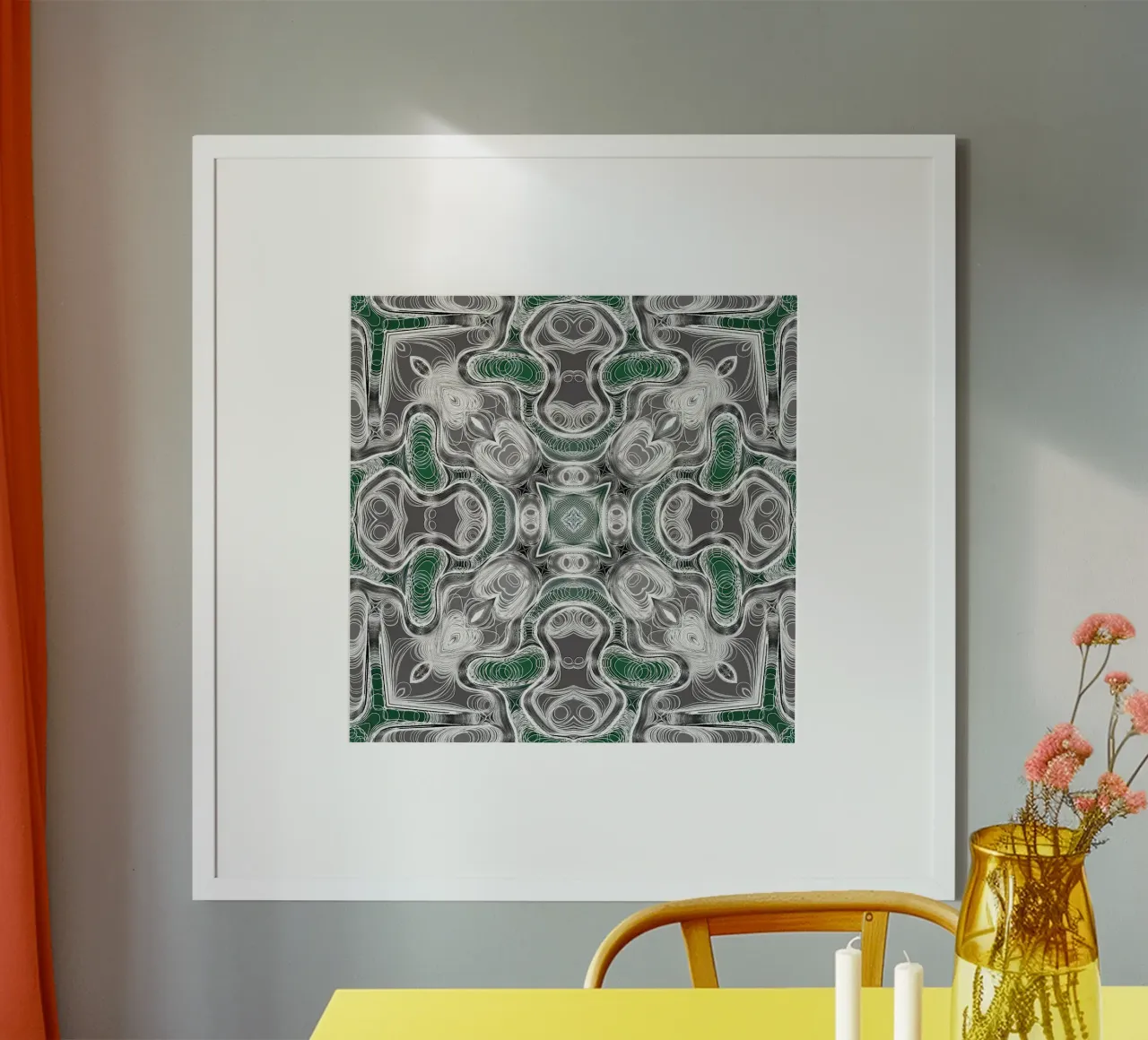 Caleidoscoop in grijs/groen met complexe lijnen en vormen hahnemühle van Gürsel Yesil Digital Art