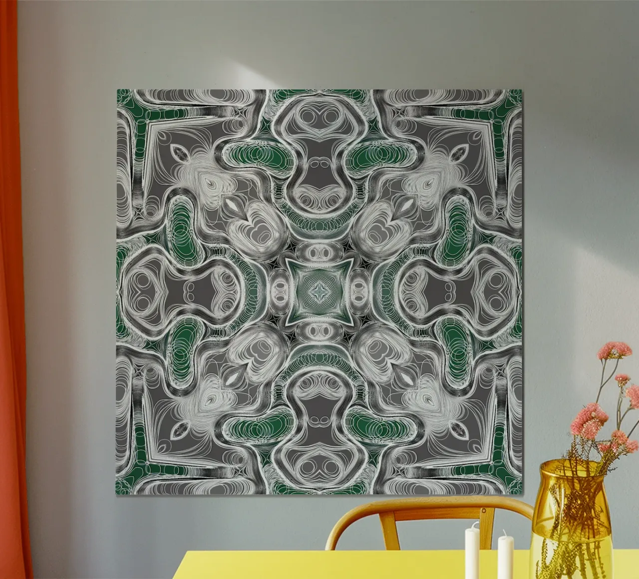 Caleidoscopio in grigio/verde con linee e forme complesse poster con telaio in plastica da Gürsel Yesil Digital Art