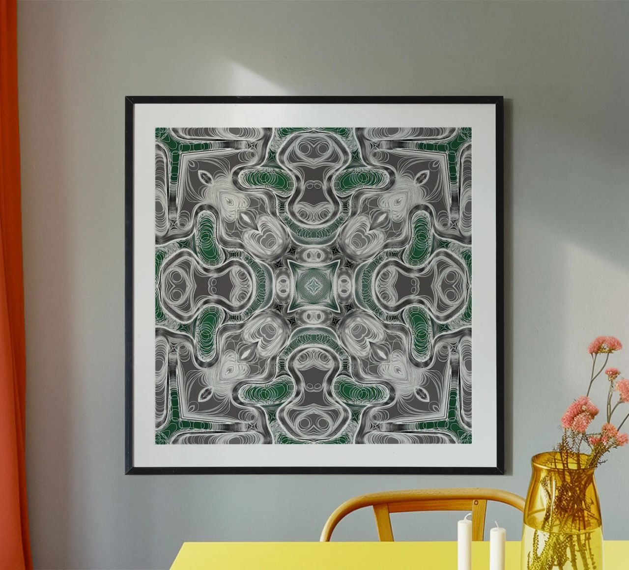 Kaleidoskop in grau/grün mit komplexen Linien und Formen Hahnemühle von Gürsel Yesil Digital Art