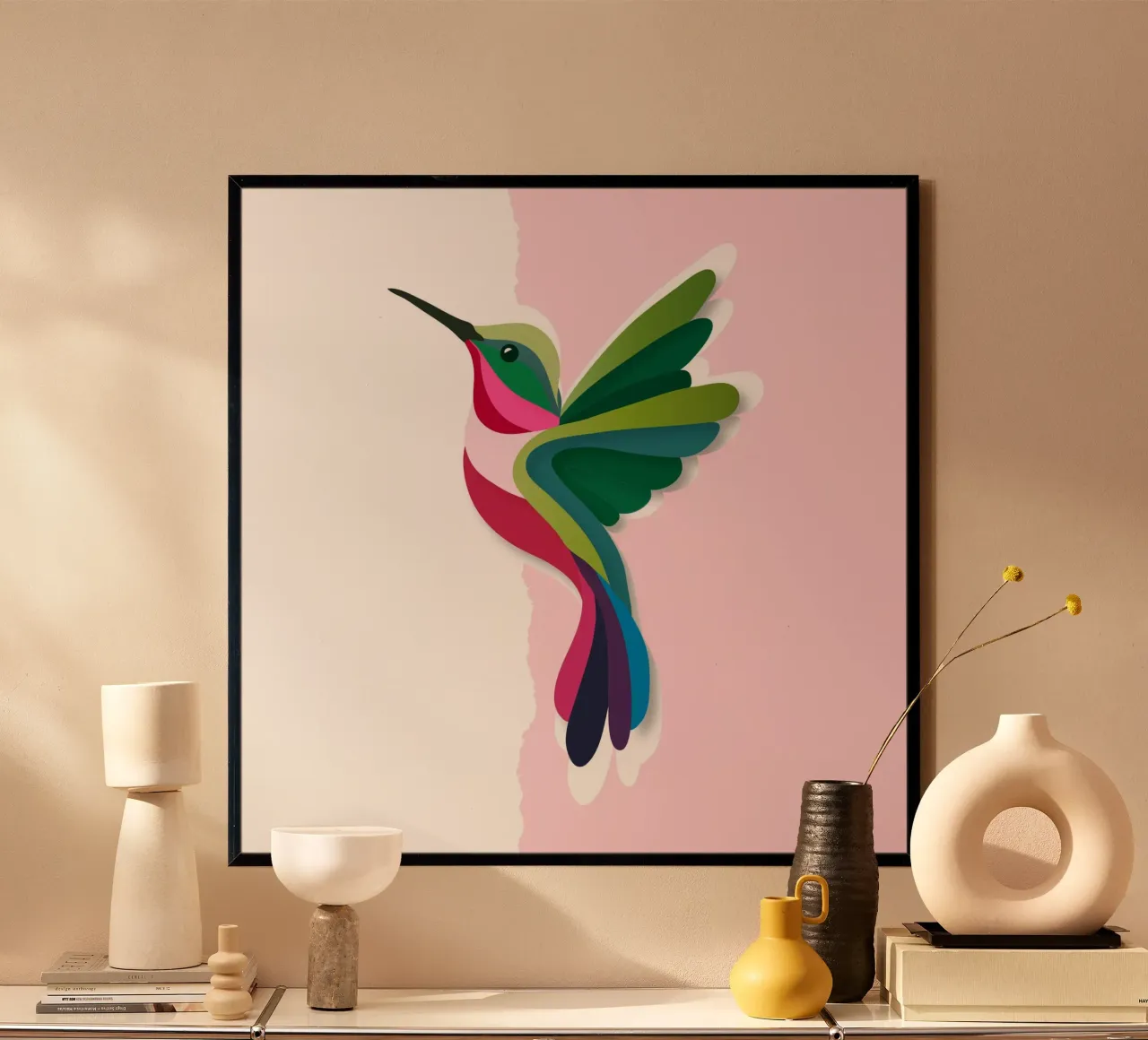 Colibrì colorato in un moderno stile paper-cut poster con telaio in alluminio da namosh