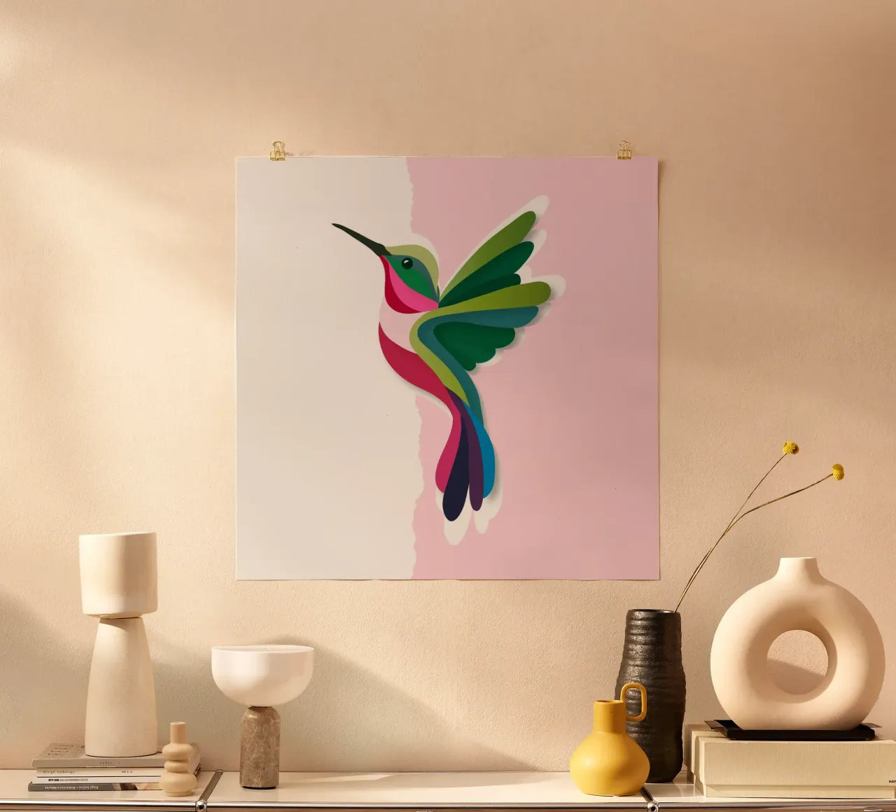 Colibrì colorato in un moderno stile paper-cut poster con telaio in alluminio da namosh