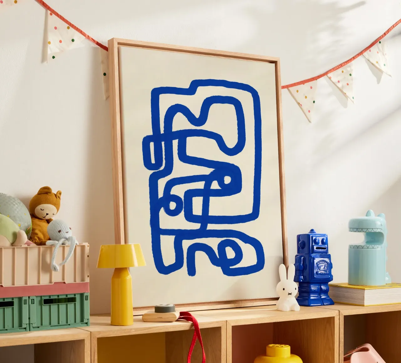 Blaue Linie Kunst 04 Leinwand mit Schattenfugenrahmen von Little Dean