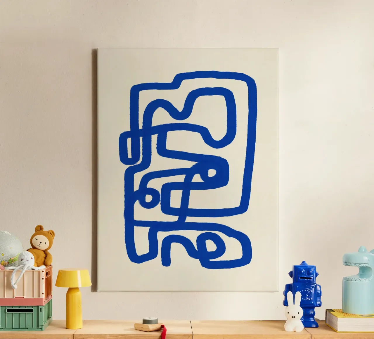 Blaue Linie Kunst 04 Leinwand mit Schattenfugenrahmen von Little Dean