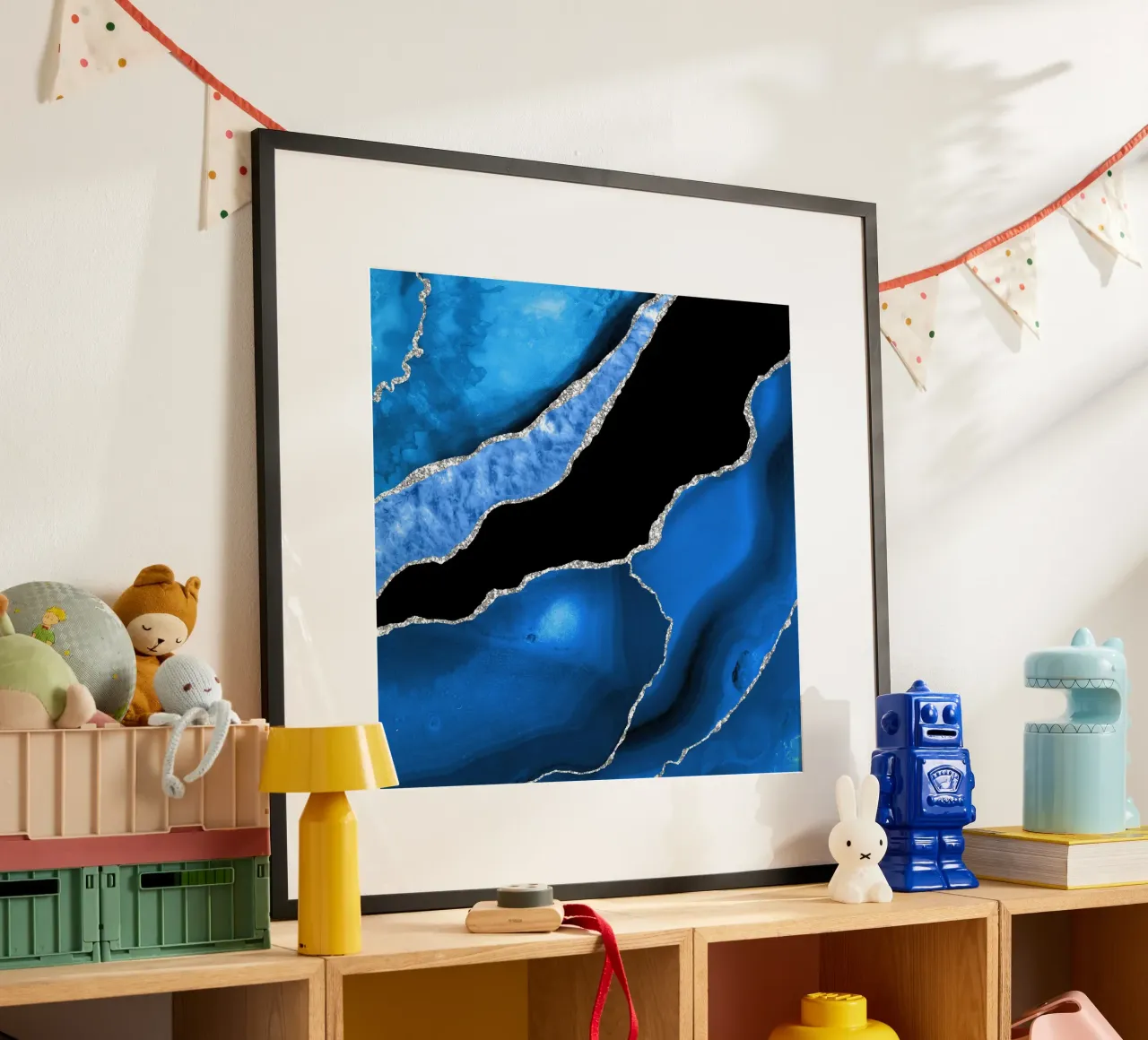 Texture Agata blu reale e argento 01 poster con telaio in legno da Gemstone Textures