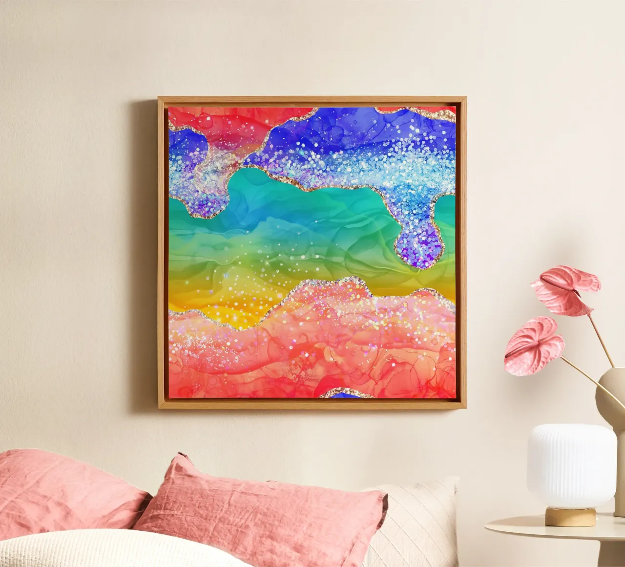 Lebendiger Regenbogen-Glitzer-Achat Struktur 03 Leinwand mit Schattenfugenrahmen von Gemstone Textures